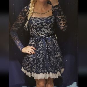 Royalty For Me Navy and Cream Lace Mini Dress